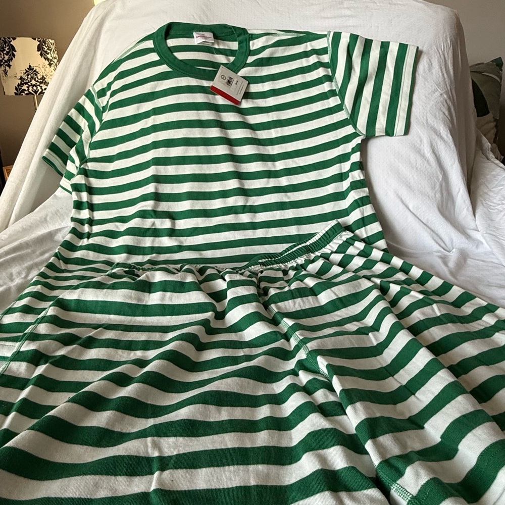 Hanna Anderson Green and White Striped PJs (adult)